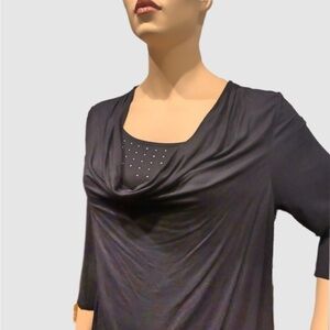 JM Collection Tunic Plus Size 2X Black, Crystals Accent Draped Neck, 3/4 Sleeves